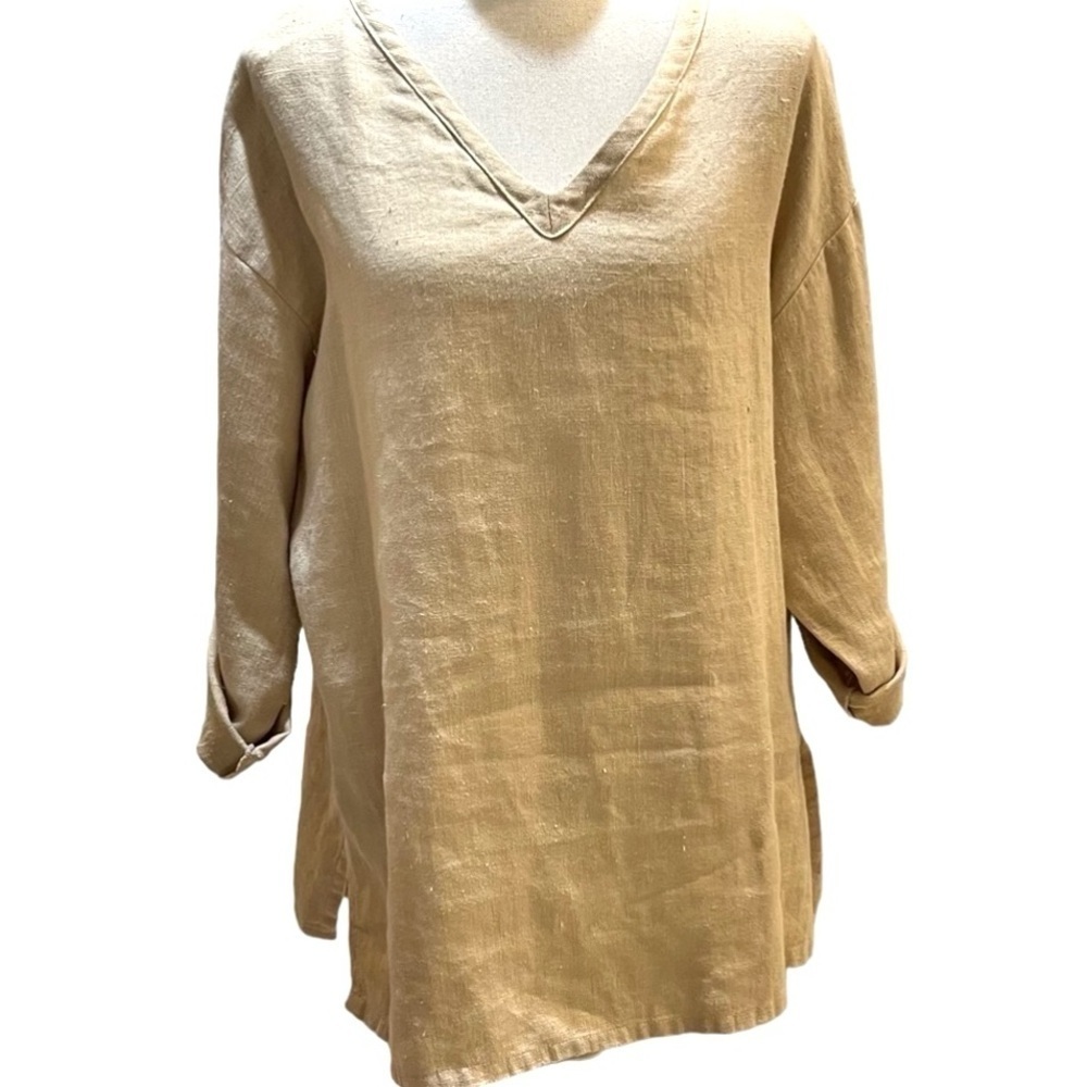 Heart’s Desire by Mary Grace Beige 100% Linen V-Neck Tunic Top Side Slits Sz S